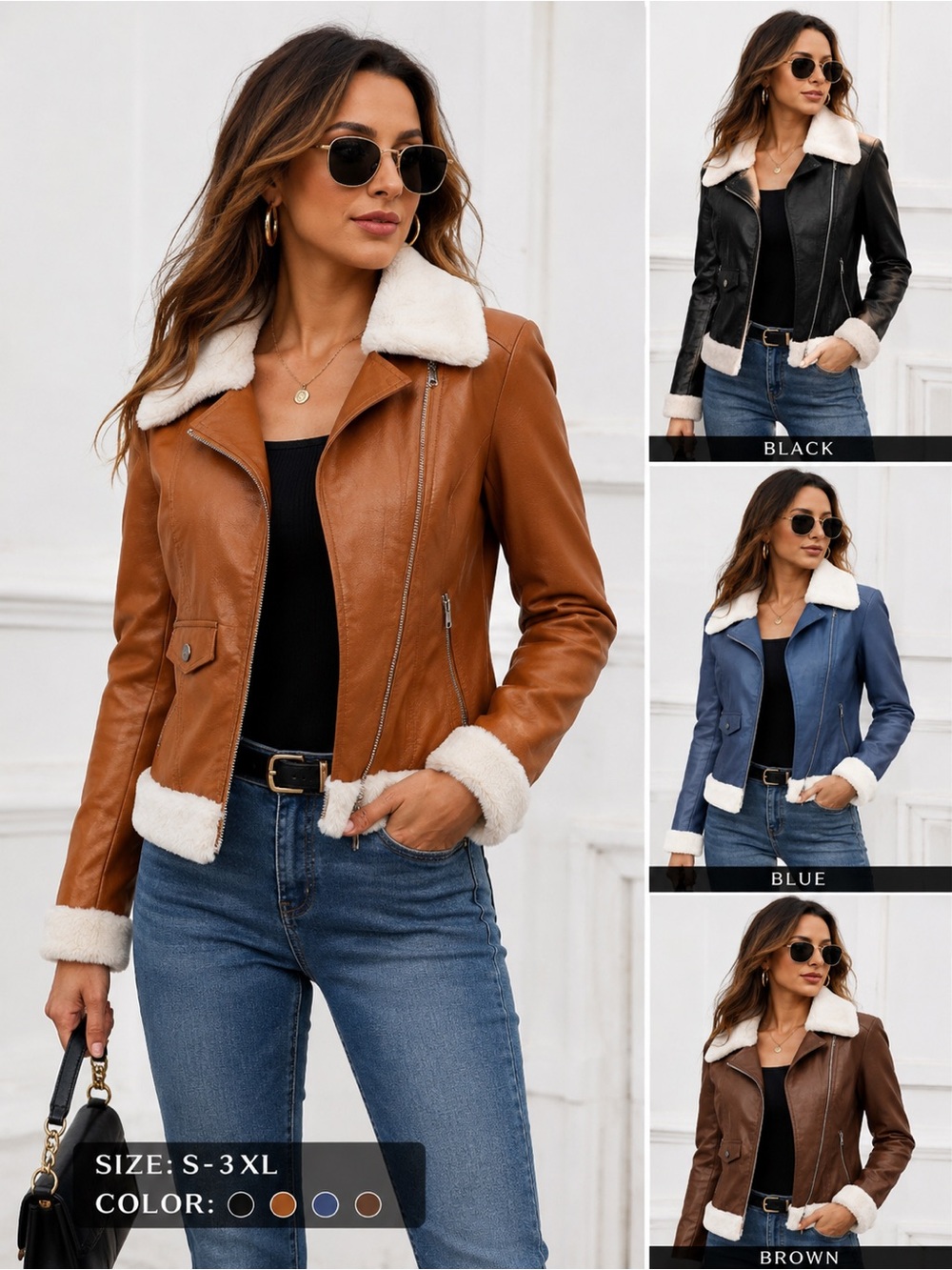 Faux Shearling Trim Moto Jacket